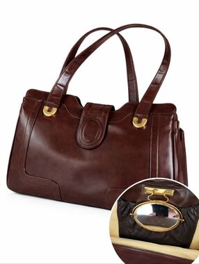 Vintage Lou Taylor Brown Leather Shoulder Bag Rare Swivel Mirror 70s Collectible